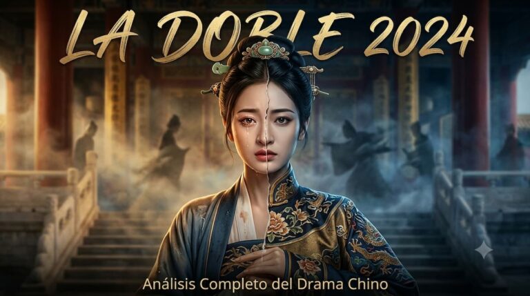 Imagen destacada del análisis de La Doble 2024: Wu Jinyan como Xue Li en traje imperial chino, mostrando la dualidad psicológica del drama, con fondo de palacio imperial dorado y azul oscuro