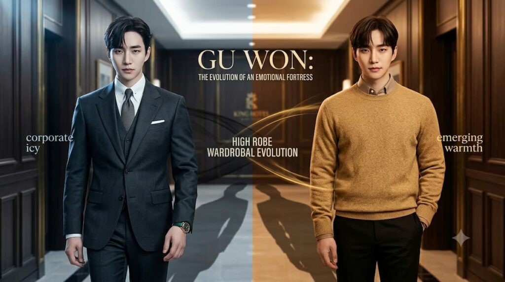Lee Jun-ho como Gu Won vistiendo trajes ejecutivos oscuros que reflejan su coraza emocional en el drama coreano King the Land 2023