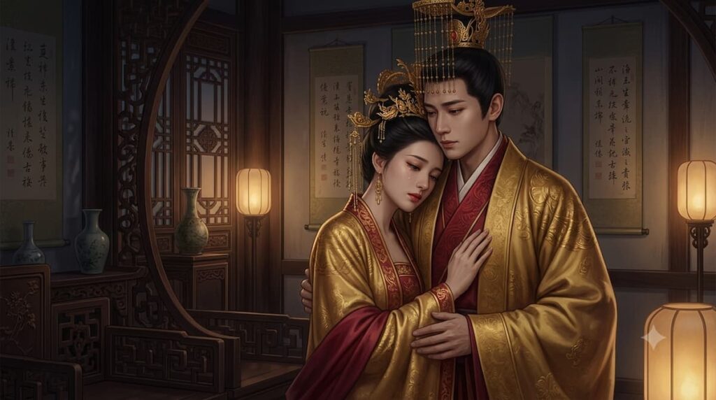 Escena íntima entre Wang Cuihua y Xiahou Dan mostrando vulnerabilidad emocional