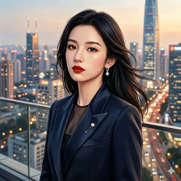 Una mujer con elegancia profesional viste un blazer oscuro frente a un paisaje urbano iluminado al atardecer.