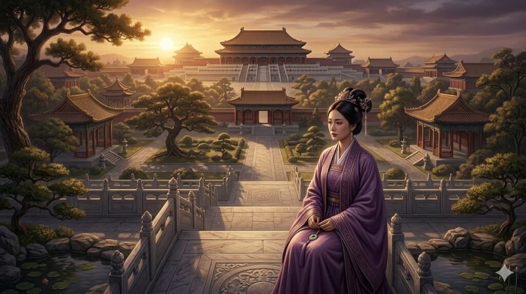 Mujer con vestido tradicional púrpura sentada en un puente de piedra dentro de un jardín palaciego chino al atardecer con edificios antiguos al fondo.