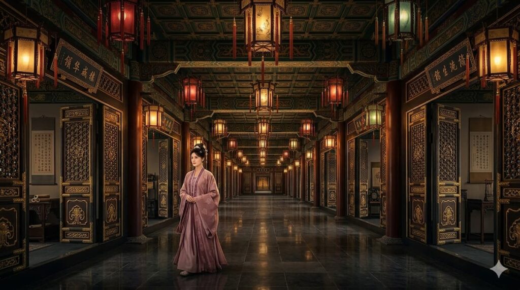 Mujer con vestido tradicional antiguo caminando por un elegante pasillo palaciego iluminado por múltiples linternas chinas colgantes.