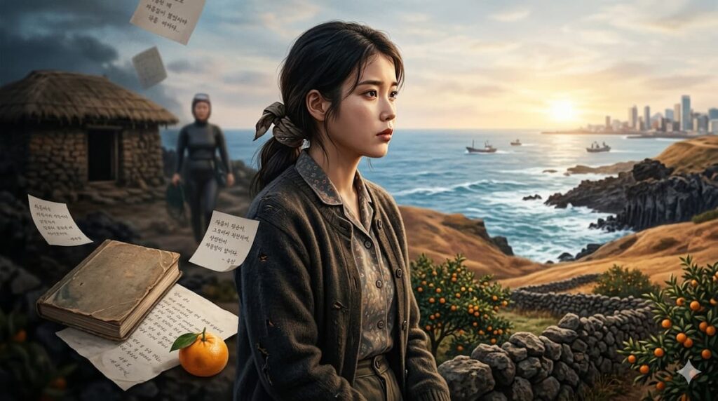 Retrato digital de una joven coreana frente a un paisaje costero de Jeju, acompañada por elementos simbólicos como un libro antiguo, notas escritas y una mandarina.