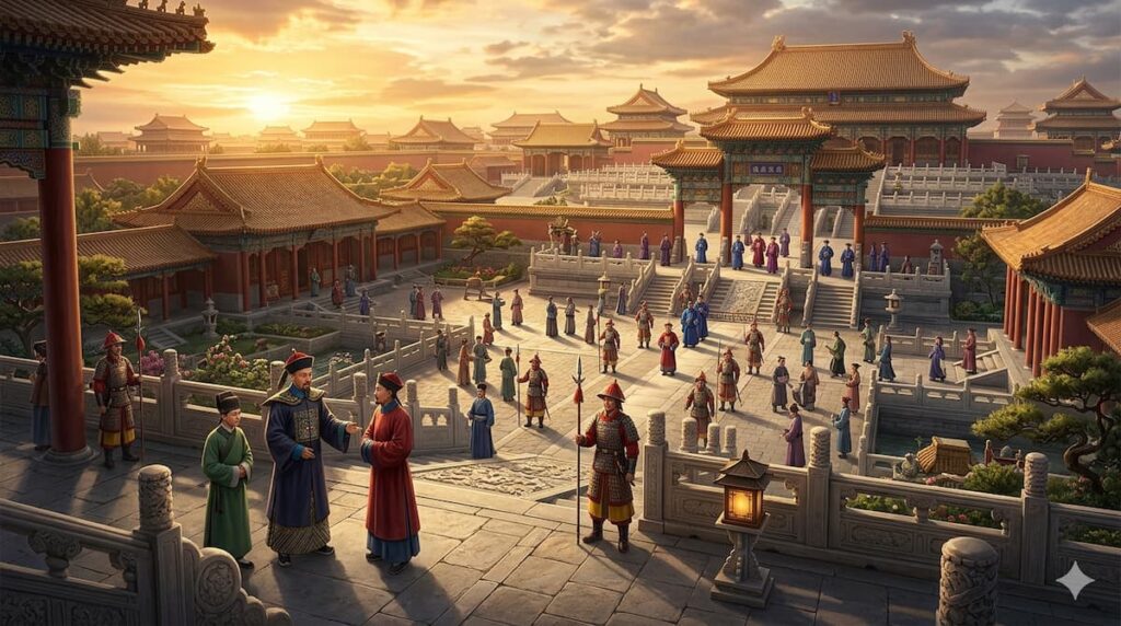 Ilustración digital detallada de un palacio imperial chino de la dinastía Qing con múltiples patios y arquitectura tradicional, bajo una luz dorada de atardecer.