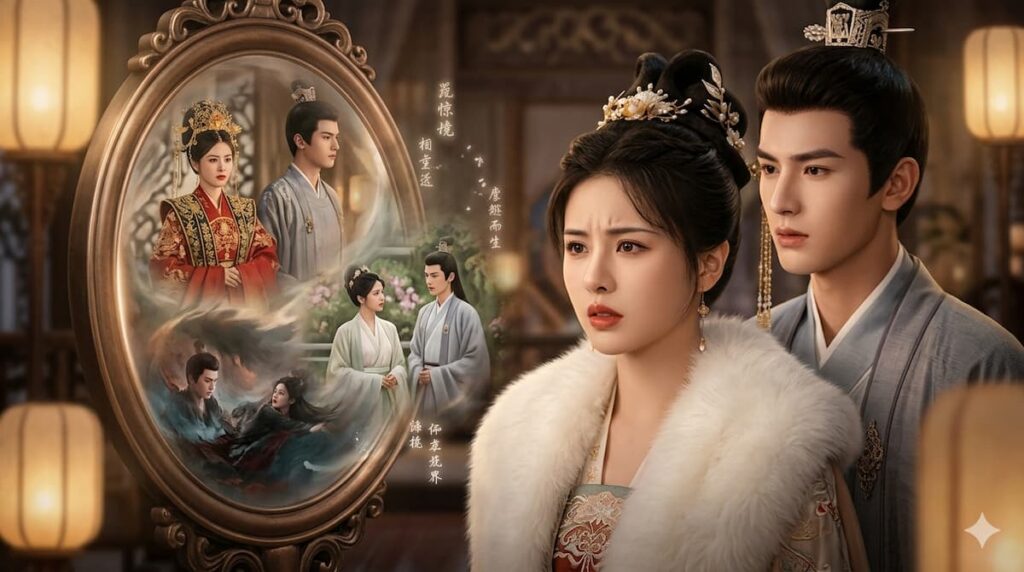 Pareja con vestimenta tradicional china observando un espejo ovalado que muestra escenas de sus vidas pasadas y romances.
