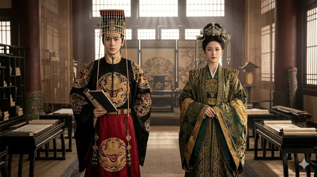 Pareja real china vestida con trajes tradicionales ornamentados de estilo antiguo en un palacio de madera.