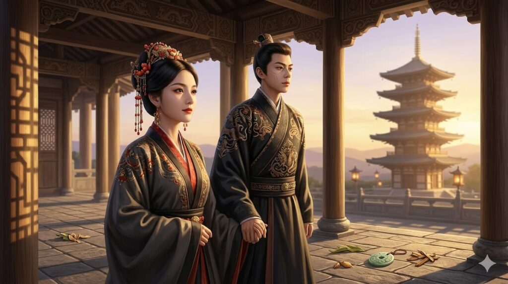 Una pareja de la nobleza con vestimenta tradicional china oscura y elegante camina de la mano por un pórtico palaciego con una pagoda tradicional visible al fondo durante el atardecer.