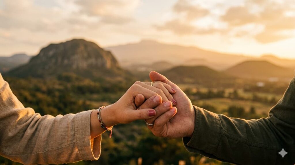Primer plano de una pareja sosteniéndose de las manos con un fondo desenfocado de las montañas de la isla de Jeju bajo la luz dorada del atardecer.
