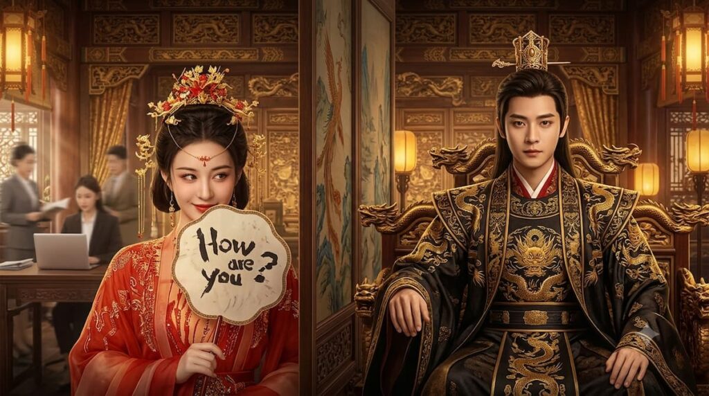 Retrato de los protagonistas Wang Cuihua y Xiahou Dan en vestuario imperial chino