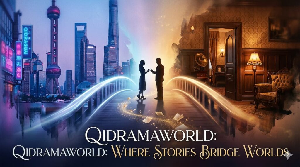 Arte conceptual que muestra una silueta de pareja sobre un puente iluminado que conecta un moderno horizonte de Shanghái con un salón clásico vintage, representando la conexión entre mundos a través de las historias.