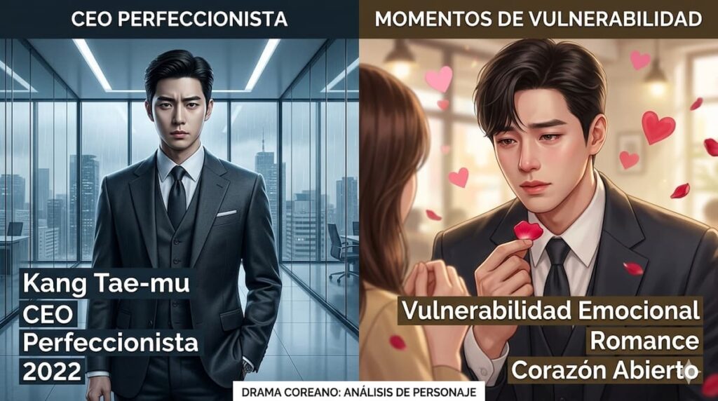 Kang Tae-mu mostrando contraste entre su rol como CEO inflexible y sus momentos de vulnerabilidad emocional en Propuesta Laboral 2022