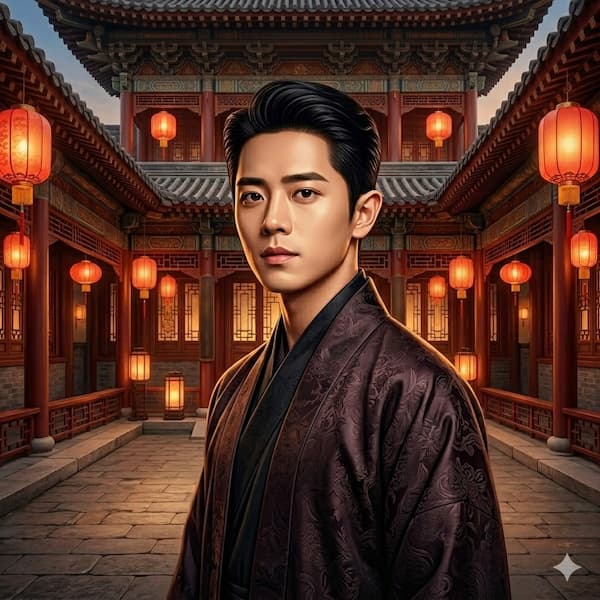 Primer plano de un joven actor con ropa tradicional elegante posando en un patio decorado con linternas chinas rojas.