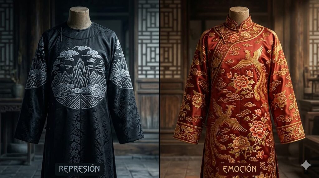 Comparativa de dos maniquíes con vestimenta tradicional china: a la izquierda, una túnica negra con bordados plateados que representa la represión; a la derecha, una túnica roja vibrante con bordados de fénix y flores que representa la emoción.