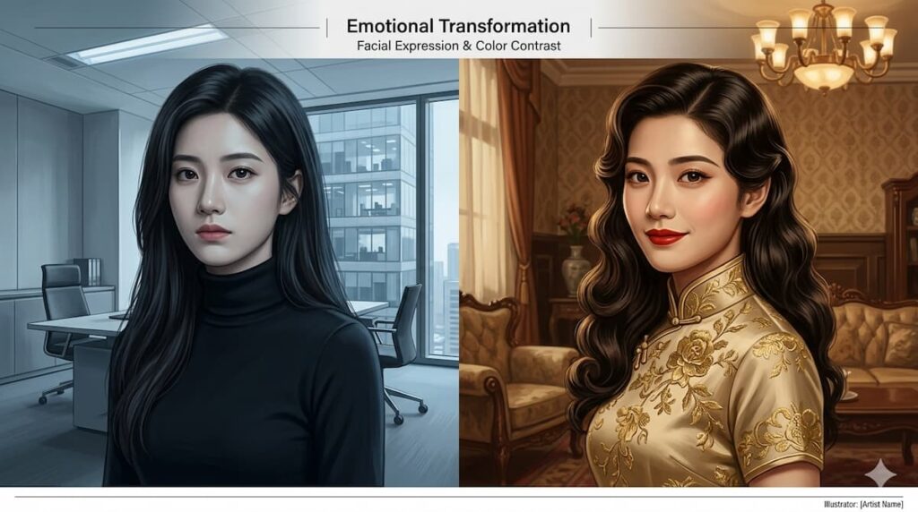 Retrato comparativo de mujer estilo Lu Yuxiao, mostrando contraste entre una oficina moderna con cuello de tortuga negro y un look vintage con qipao dorado.