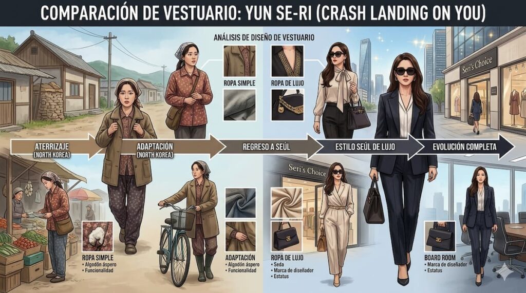 "Análisis de vestuario y diseño de escenas que refleja la evolución psicológica en Aterrizaje de Emergencia en tu Corazón"