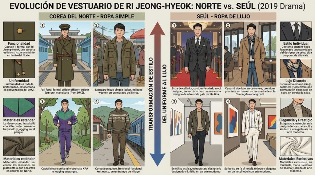 "Análisis de vestuario y diseño de escenas que refleja la evolución psicológica en Aterrizaje de Emergencia en tu Corazón"