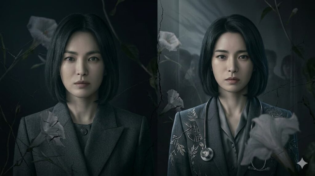 "Análisis de vestuario en La Gloria mostrando contraste entre la ropa minimalista de Moon Dong-eun y los atuendos sofisticados de Park Yeon-jin" Leyenda: "El vestuario como narrativa visual en La Gloria"