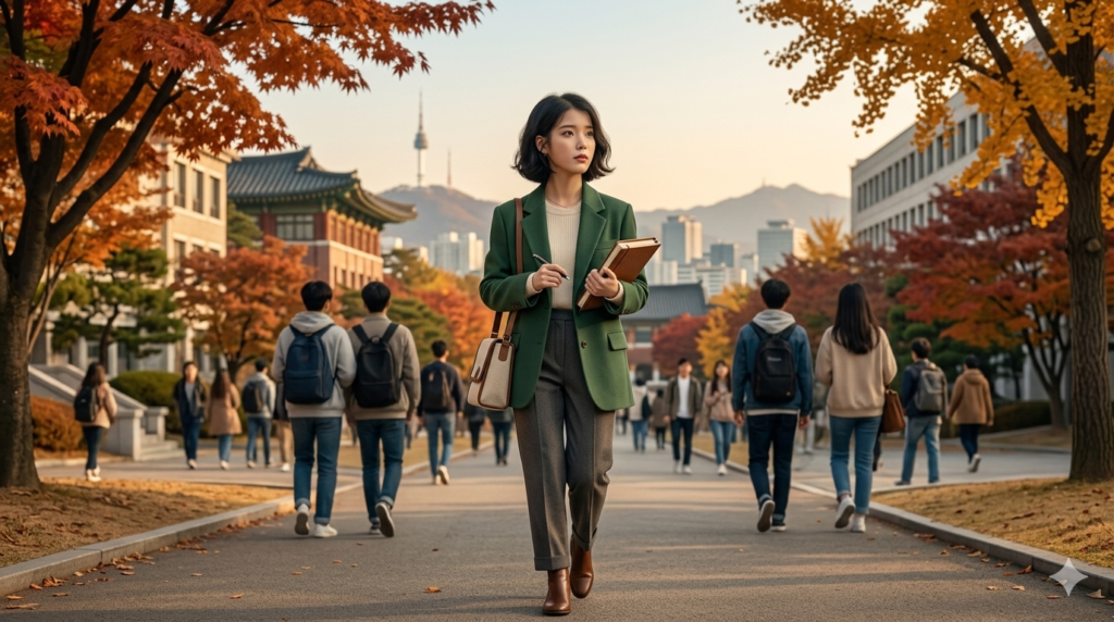 Una joven estudiante coreana, Yang Geum-myeong, caminando por un campus universitario en Seúl durante el otoño, vistiendo un blazer verde y cargando libros.