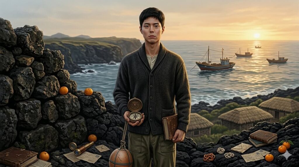 Retrato de un joven coreano llamado Yang Gwan-shik, sosteniendo una brújula y un libro frente a un paisaje marino de Jeju al atardecer, rodeado de objetos simbólicos.