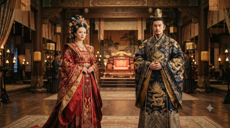 Personajes principales en vestuario tradicional chino de dinastía Tang y Song, mostrando diferencias en longpao femenino y masculino en C-dramas históricos