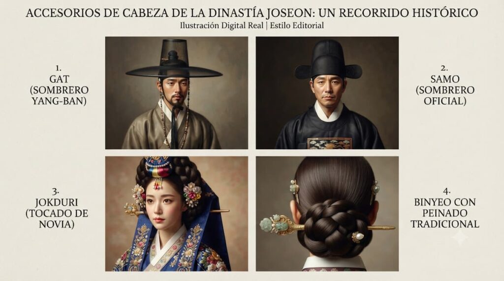 Comparación de accesorios de cabeza de la Dinastía Coreana incluyendo gat, samo, jokduri y binyeo usado en k-dramas