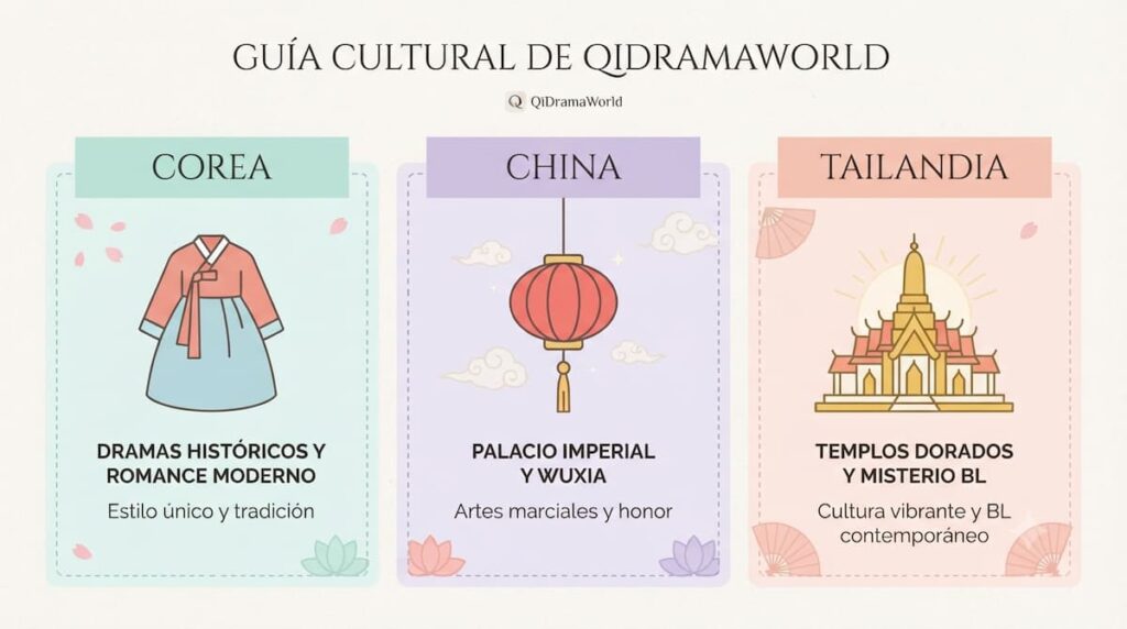 Infografía comparativa de K-drama, C-drama y Thai BL sobre apropiación simbólica en dramas asiáticos
