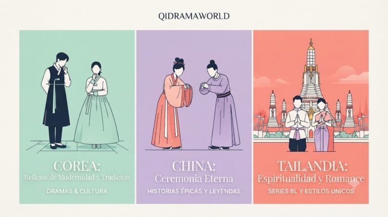 Apropiación simbólica en dramas asiáticos representada en ilustración editorial con Corea, China y Tailandia