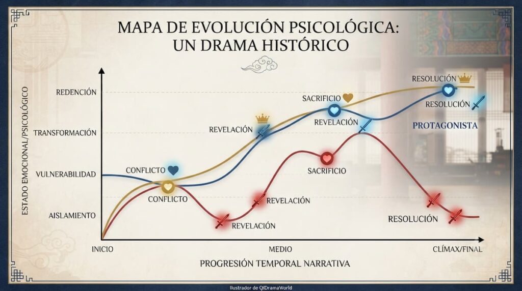 Gráfico evolutivo mostrando la transformación psicológica de tres arquetipos de personajes: protagonista principal, antagonista y heroína, con hitos emocionales clave de su desarrollo narrativo