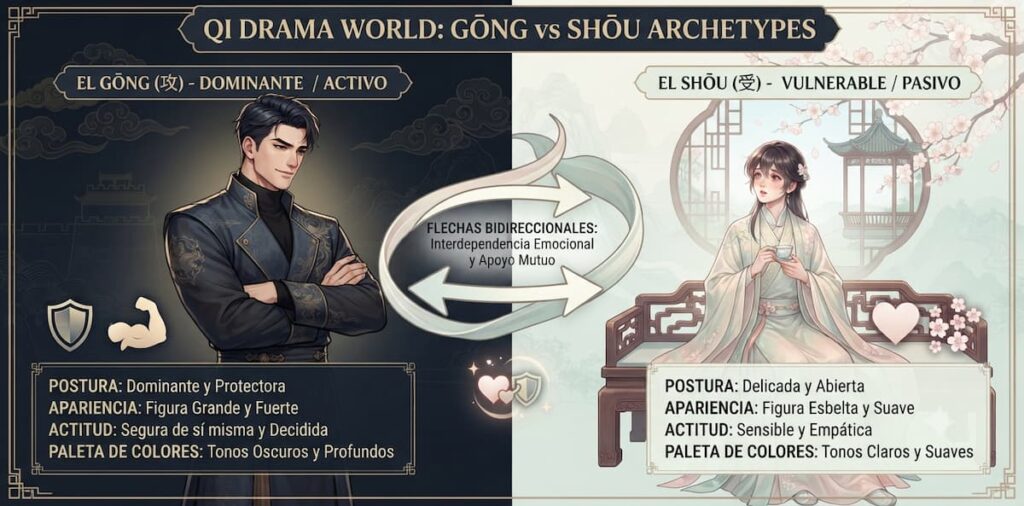 Diagrama comparativo visual de los arquetipos Gōng (dominante) y Shòu (delicado) en dramas Danmei, mostrando características físicas, conductuales y emocionales