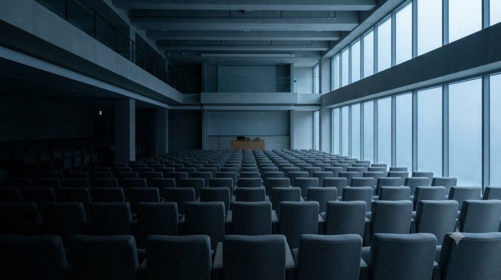 "Imagen de aula universitaria con énfasis en la última fila vacía, representando el espacio simbólico del drama El chico de la última fila 2026"