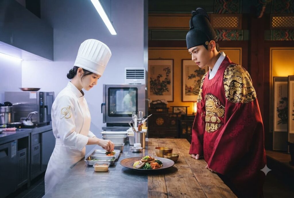 El rey Lee Heon y la chef Yeon Ji-young de Bon appétit majestad en escena de conexión emocional con vestuario tradicional coreano