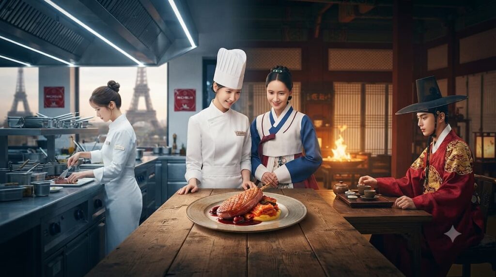 Montaje visual que muestra la fusión cultural de Bon appétit majestad drama que conquistó Netflix globalmente