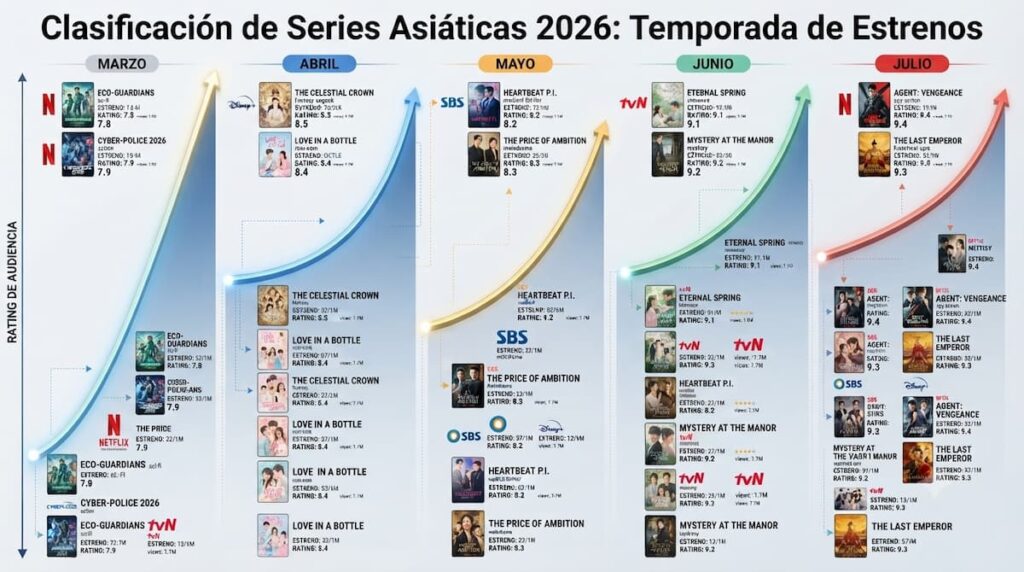 Calendario visual mostrando fechas de estreno de principales series asiáticas 2026 por mes y plataforma (Netflix, Disney+, SBS, tvN) con ratings