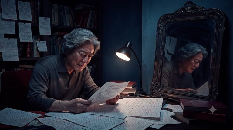"Profesor obsesionado leyendo escritos de alumno, representando la obsesión y manipulación psicológica del drama coreano El chico de la última fila"