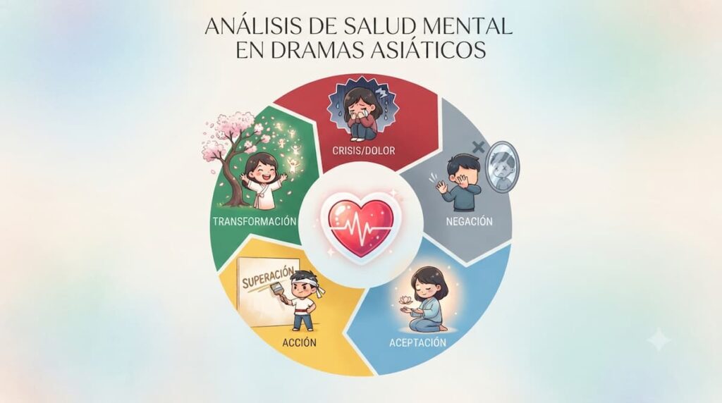 Infografía visual mostrando el ciclo de trauma, negación, crisis y aceptación en narrativas de salud mental