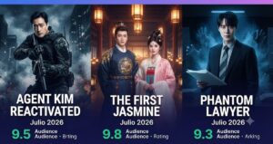 Collage visual que muestra protagonistas de Agent Kim Reactivated, The First Jasmine y Phantom Lawyer representando la clasificación de series asiáticas 2026 con fechas de estreno destacadas