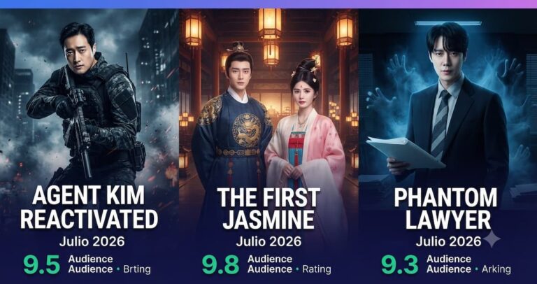 Collage visual que muestra protagonistas de Agent Kim Reactivated, The First Jasmine y Phantom Lawyer representando la clasificación de series asiáticas 2026 con fechas de estreno destacadas