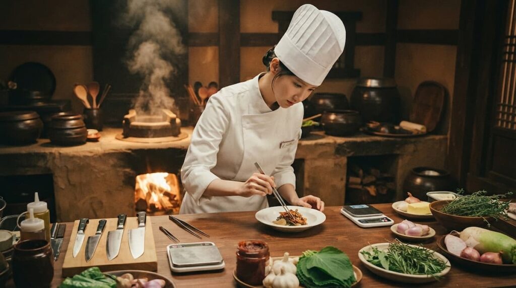 Escena de la cocina del palacio donde Yeon Ji-young prepara platos de fusión en Bon appétit majestad