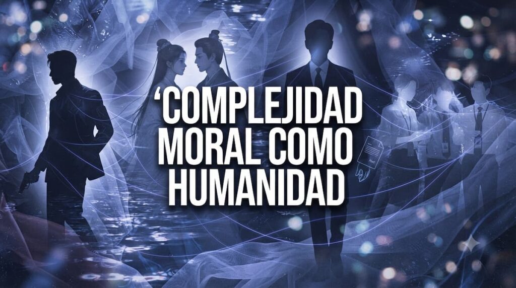 Imagen artística mostrando siluetas de protagonistas principales de series destacadas bajo luz cinematográfica con texto "Complejidad Moral Como Humanidad"