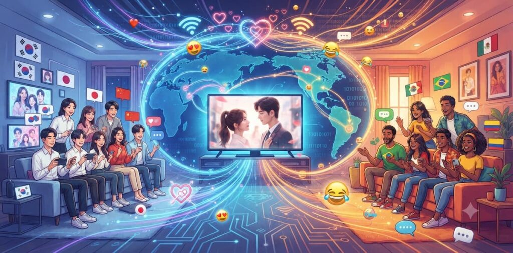 Imagen que representa conexión global entre espectadores de diferentes culturas a través de narrativas de salud mental
