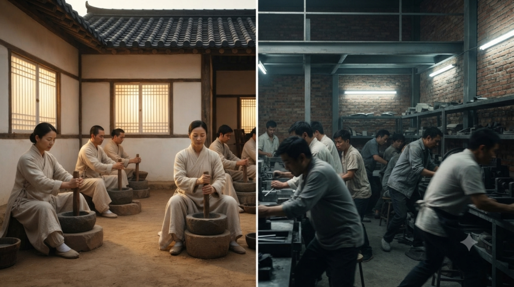 Comparación visual de dos talleres de tinta en La Heredera serie china: el tradicional clan Li con arquitectura blanca y herramientas ancestrales versus el industrial clan Tian con ladrillo rojo y producción en masa