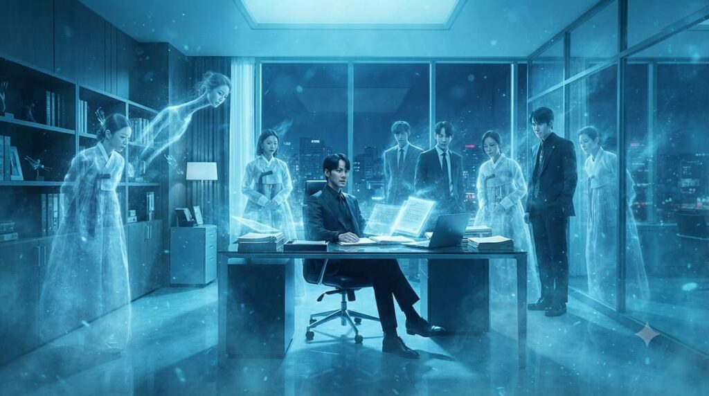 Despacho legal moderno con elementos sobrenaturales en serie Defensores de Fantasmas 2026