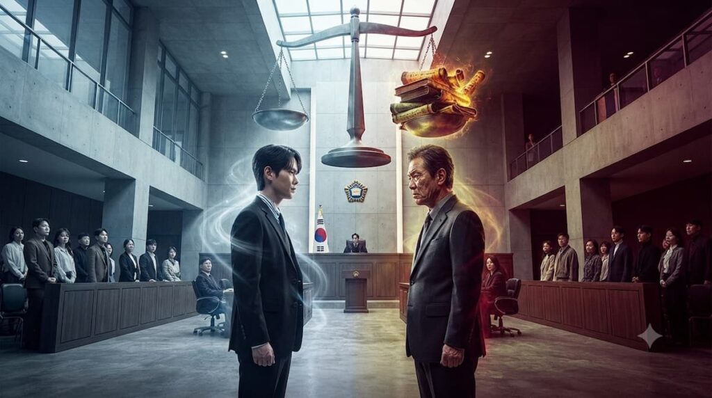 Confrontación de personajes que representan integridad vs corrupción en drama legal coreano