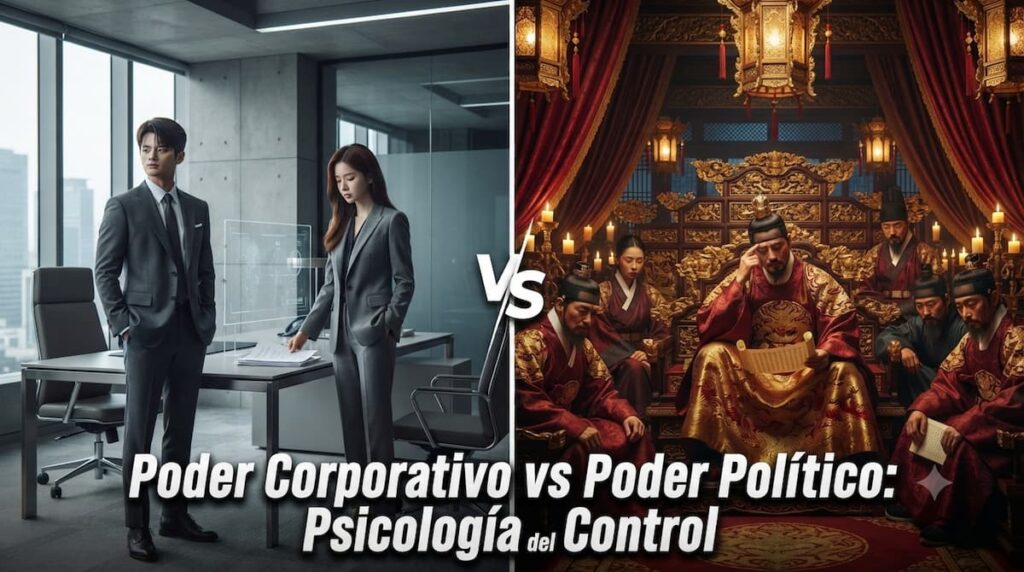 Montaje mostrando Seo In Guk y Park Ji Hyun en escena de oficina íntima de See You At Work Tomorrow y actores de Perfect Crown en trajes regales en escena política dramática