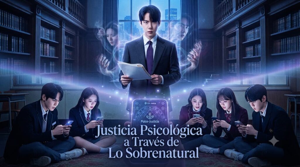 Montaje visual mostrando a Yoo Yeon Seok como abogado de Phantom Lawyer en escena sobrenatural y estudiantes de preparatoria de Si los deseos mataran usando la aplicación Girigo