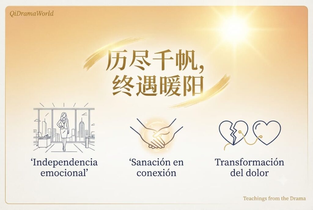 Infografía de enseñanzas principales del drama Shine on Me sobre independencia emocional, sanación a través de conexión auténtica y superación personal