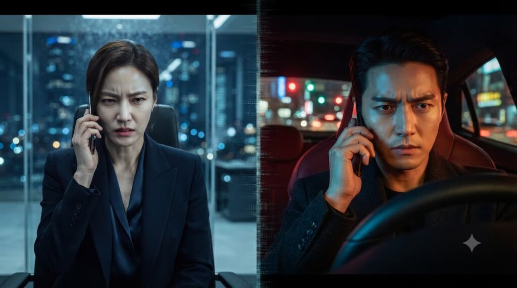 Escena de drama coreano donde dos personajes se enfrentan en tensión emocional durante una llamada, representando el instante antes de colgar abruptamente, característica icónica de los k-dramas