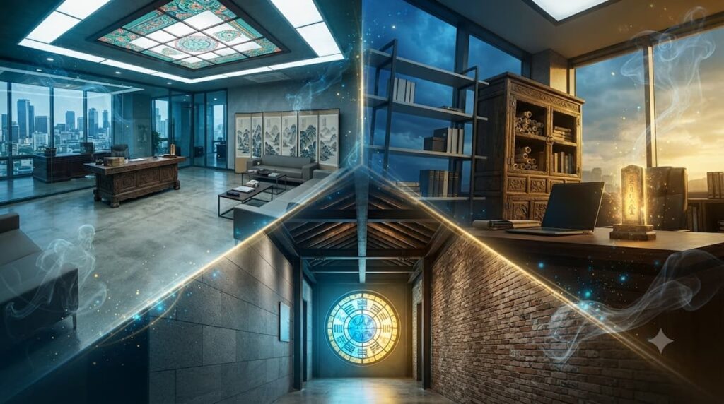 : Interior del despacho legal del Edificio Okcheon mostrando diseño que representa lo liminal