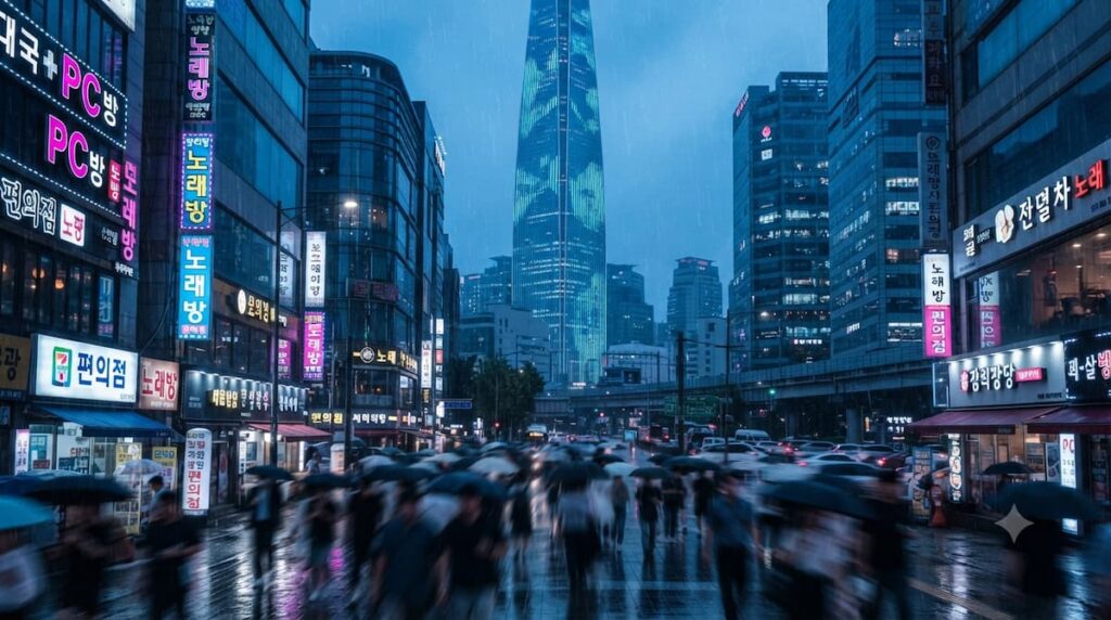 Vista panorámica de Seúl nocturno con rascacielos iluminados y signos de neón, representando la atmósfera urbana de los k-dramas donde suceden llamadas sin despedidas