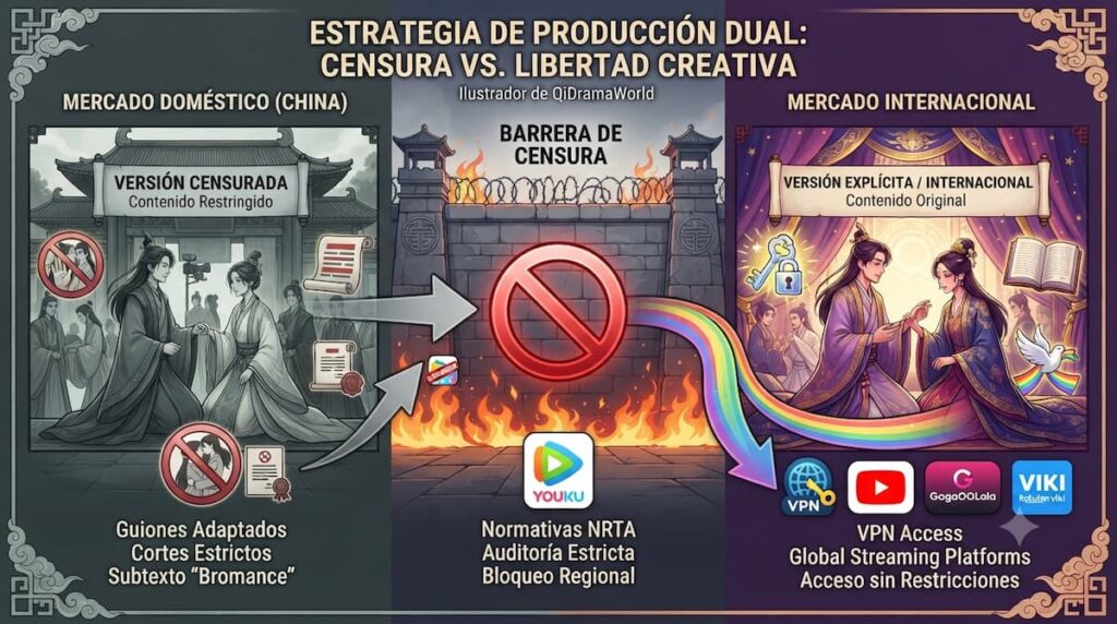 Infografía visual que explica la estrategia de producción dual en Danmei, mostrando versiones censuradas para China versus versiones completas en plataformas internacionales